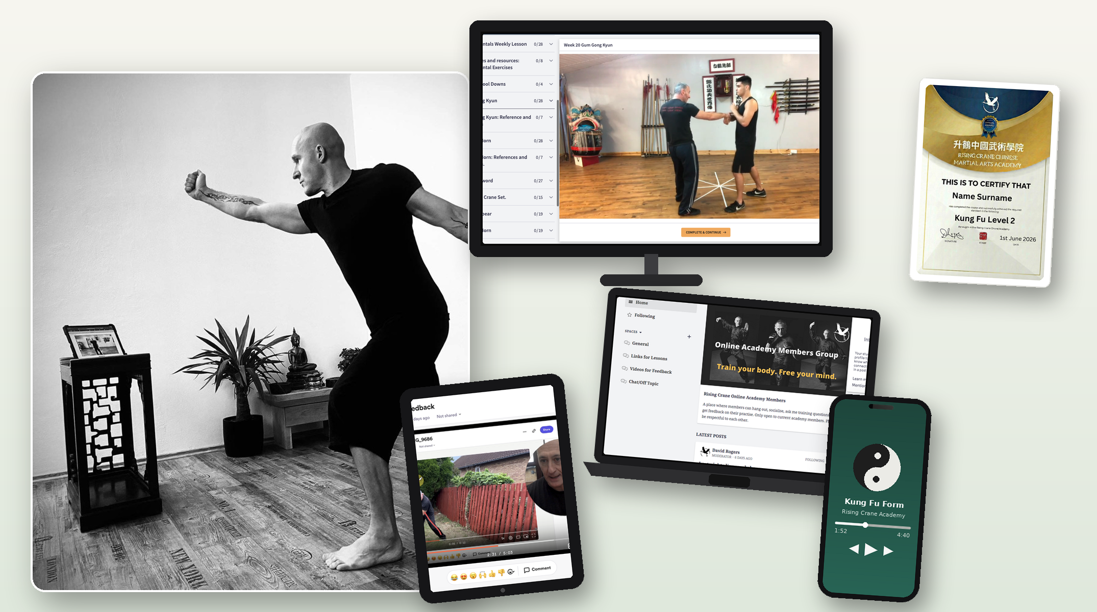 Rising Crane Kung Fu Academy shown on desktop, tablet, and phone