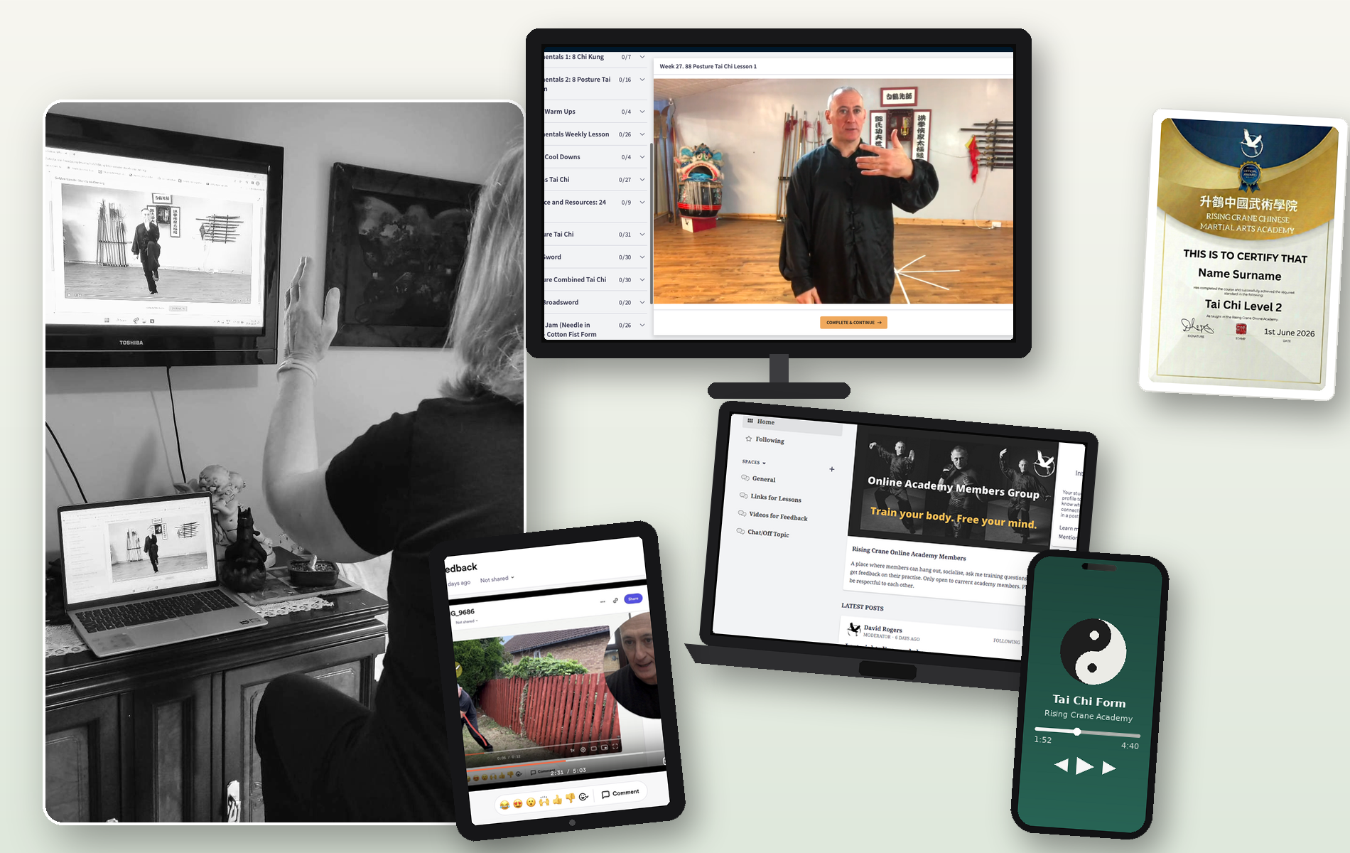 Rising Crane Tai Chi Academy shown on desktop, tablet, and phone